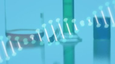 Animation of dna strand over test tubes. Global science and digital interface concept digitally generated video.