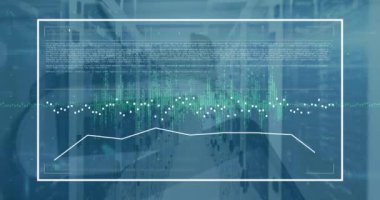 Animation of digital interface with data processing against computer server room. Computer interface and business data storage technology concept