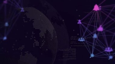 Ortam simgeleri üzerinde veri işleme animasyonu. Küresel iş ve dijital arayüz kavramı dijital olarak oluşturulmuş video.