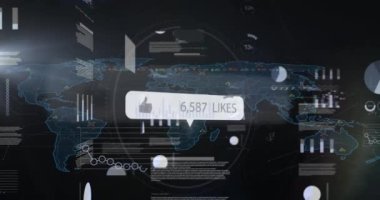 Veri işleme üzerinde artan sayılara ve mavi zemin üzerinde dünya haritasına sahip bir simge canlandırması. Sosyal medya ağı ve iş teknolojisi kavramı