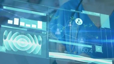 Kafkas kadın doktor ve hasta üzerinde veri işleme animasyonu. Küresel bilim ve dijital arayüz kavramı dijital olarak oluşturulmuş video.