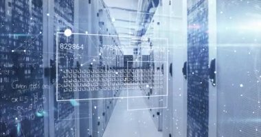 Sunucu odasında veri işleme animasyonu. küresel teknoloji ve dijital arayüz kavramı dijital olarak oluşturulmuş video.