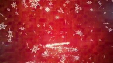 Kırmızı arka planda, Noel ağacının üzerine düşen kar animasyonu. Noel, gelenek ve kutlama konsepti dijital olarak oluşturuldu.
