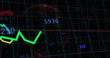 Çizgilerin animasyonu ve finansal veri işleme. Küresel hesaplama, iş, finans ve veri işleme kavramı dijital olarak oluşturulmuş video.