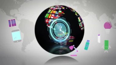 Dünya üzerindeki neon saat ve dijital simgelerin animasyonu ve dünya haritası gri arka planda. Küresel ağ ve iş teknolojisi kavramı