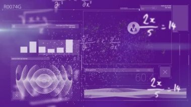 Veri işleme ve matematiksel denklemlerin animasyonu mor zemin üzerindeki DNA ipliği üzerinde. Küresel bilim, bilgisayar ve dijital arayüz kavramı dijital olarak oluşturulmuş video.