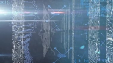 Mikro işlemci bağlantılarıyla ekranların üzerinde dönen moleküler ve DNA yapısının animasyonu. Tıbbi araştırma ve bilim teknolojisi kavramı