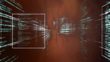 Siyah arkaplandaki ışık noktalarının üzerinde veri işleme animasyonu. Küresel teknoloji, bilgisayar ve dijital arayüz kavramı dijital olarak oluşturulmuş video.