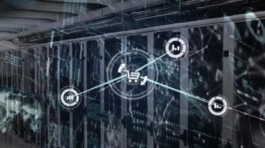 Bilgisayar sunucuları üzerinden simgeler ve veri işleme ağlarının animasyonu. Küresel hesaplama, bağlantılar, ağlar ve veri işleme kavramı dijital olarak oluşturulmuş video.