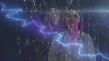 Beyaz kadın doktorlara karşı bağlantı ağı üzerinden Nft metin ve ışık izlerinin animasyonu. Tıbbi araştırma ve bilim teknolojisi kavramı