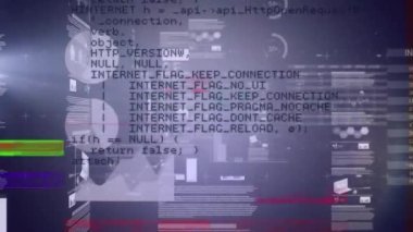 Gri arkaplan üzerindeki istatistiksel veri işlemesindeki bozukluğun animasyonu. Bilgisayar arayüzü ve iş teknolojisi kavramı