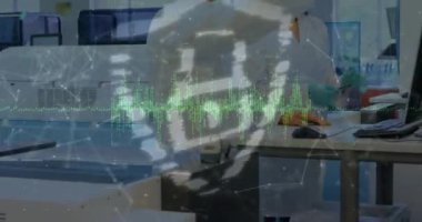 Güvenlik kilidinin animasyonu ve iş adamları üzerindeki bağlantı ağı. Dijital olarak oluşturulmuş küresel çevrimiçi güvenlik, bağlantılar, iş, finans ve veri işleme kavramı.