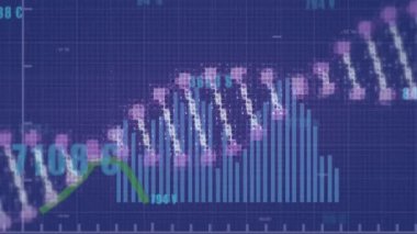 Animation of dna strand over data processing on blue background. Global technology, computing and digital interface concept digitally generated video.