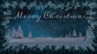 Mutlu noel metinleri ve karla kaplı ağaçlar ve çam yapraklarıyla manzaranın animasyonu. Dijital olarak üretilmiş Noel şenliği, doğa, gelenek ve kış tatili konsepti..