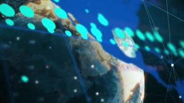 Dünya ve dünya haritasında veri işleme animasyonu. Küresel iş ve dijital arayüz kavramı dijital olarak oluşturulmuş video.