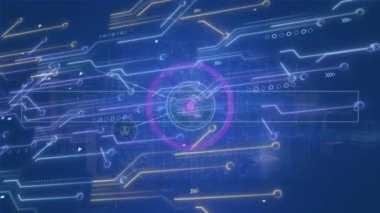 Mavi arka plandaki bilgisayar devre kartı üzerinden bağlantı ağının animasyonu. Küresel teknoloji, bağlantılar ve dijital arayüz konsepti dijital olarak oluşturulmuş video.