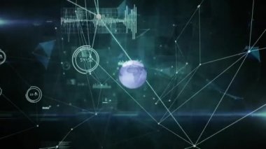 Birbirine bağlı noktalar, grafik simgeleri ve soyut arkaplan üzerindeki merceklerin animasyonları. Dijital olarak üretilmiş, hologram, küreselleşme, aydınlanma, iletişim ve teknoloji kavramı.