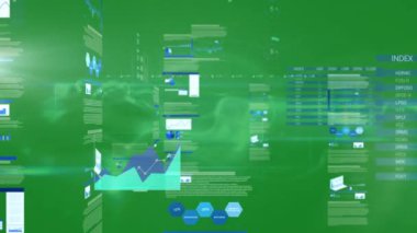 Yeşil arkaplanda veri işleme animasyonu. Küresel teknoloji, bilgisayar ve dijital arayüz kavramı dijital olarak oluşturulmuş video.