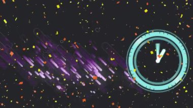 Saatli ve mor çizgili konfeti eşliğinde mutlu yeni yıl metninin animasyonu. Yeni yıl arifesi, gelenek ve kutlama konsepti dijital olarak oluşturuldu.