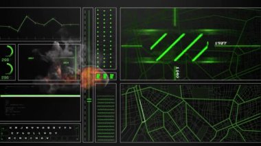 Siyah arkaplandaki şekiller üzerinde veri işleme animasyonları. Küresel teknoloji, bilgisayar ve dijital arayüz kavramı dijital olarak oluşturulmuş video.