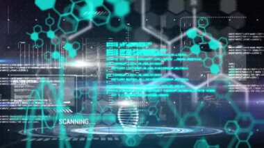DNA iplikçikli bilimsel veri işleme animasyonu. Küresel bilim, dijital arayüz ve veri işleme kavramı dijital olarak oluşturulmuş video.