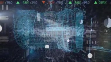 3D motor ve veri işleme animasyonu. Küresel mühendislik, bilim, ticaret, finans, bağlantılar, hesaplama ve veri işleme kavramı dijital olarak oluşturulmuş görüntü.