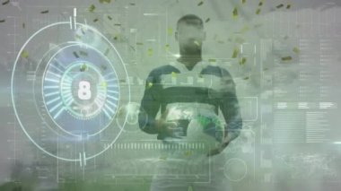 Veri işleme ve Afrika Amerikan ragbi topu üzerine altın konfeti arayüzünün animasyonu. Spor teknolojisi kavramı