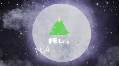 Felix Navidad 'ın animasyonu, Noel ağacı ve Noel Baba' nın kızağı dolunayda ve kar yağarken. Noel, gelenek ve kutlama konsepti dijital olarak oluşturuldu.