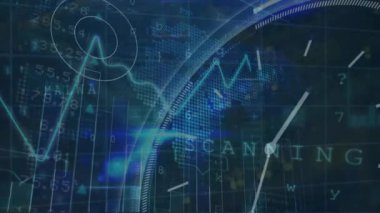 Saat ve dünya haritası üzerinde finansal veri işleme animasyonu. Küresel hesaplama, iş, finans ve veri işleme kavramı dijital olarak oluşturulmuş video.