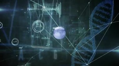 Birbirine bağlı noktalar, grafik simgeleri ve soyut arkaplan üzerindeki mercek parlamalarının animasyonu. Dijital olarak üretilmiş, hologram, küreselleşme, rapor, molekül, sağlık ve teknoloji kavramı.