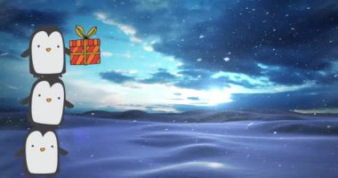 Üç penguen kulesinin kar taneleri ve kış manzarası üzerinde Noel hediyesi tutmasının animasyonu. Noel, kış, gelenek ve mevsimsel kutlama konsepti dijital olarak oluşturuldu.