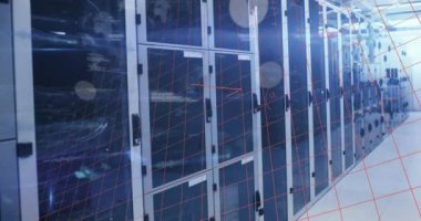 Bilgisayar sunucu odasına karşı veri işleme ve matematiksel denklemlerin animasyonu. Bilgisayar arayüzü ve iş veri depolama teknolojisi kavramı