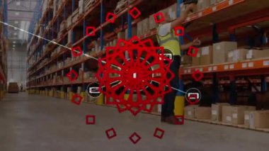 Depodaki Kafkas erkek işçilerle olan bağlantıların animasyonu. Küresel iş ve dijital arayüz kavramı dijital olarak oluşturulmuş video.