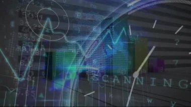 Saat ve dünya haritası üzerinde finansal veri işleme animasyonu. Küresel hesaplama, iş, finans ve veri işleme kavramı dijital olarak oluşturulmuş video.