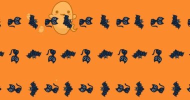 Cadılar Bayramı hayaletinin animasyonu, turuncu arka planda kedi ve kedi deseni. Cadılar Bayramı, şenlik, kutlama ve gelenek konsepti dijital olarak oluşturuldu.