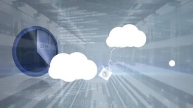 Bulutların animasyonu ve finansal veri işleme. Küresel bulut hesaplama, iş, finans ve veri işleme kavramı dijital olarak oluşturulmuş video.