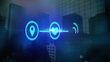 Yüksek binalara karşı dijital ikon ağının üzerinde hareket eden ışık lekesi animasyonu. Küresel ağ ve iş teknolojisi kavramı