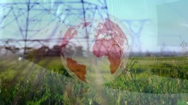 Mavi gökyüzüne karşı hareketli kulelerin üzerinde dönen dünyanın animasyonu. Küresel ağ ve iş teknolojisi kavramı