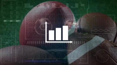 Ragbi topu üzerinde dijital ekranda grafik ve veri işleme animasyonları. Spor, turnuva, finans ve ekonomi konsepti dijital olarak oluşturulmuş video.