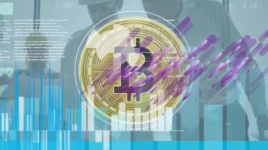Bitcoin ve finansal veri işleme animasyonu. Küresel hesaplama, iş, finans ve veri işleme kavramı dijital olarak oluşturulmuş video.