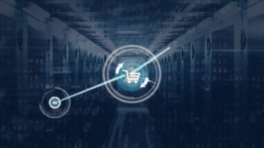 Bilgisayar sunucuları üzerinden simgeler ve veri işleme ağlarının animasyonu. Küresel hesaplama, bağlantılar, ağlar ve veri işleme kavramı dijital olarak oluşturulmuş video.