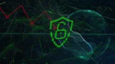 Dünya üzerindeki veri işleme ve asma kilit animasyonları. Küresel iş ve dijital arayüz kavramı dijital olarak oluşturulmuş video.