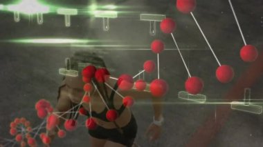 Çift ırklı kadın egzersizi üzerine DNA iplikçikleri ve veri işleme animasyonları. Küresel spor, sağlık ve dijital arayüz kavramı dijital olarak oluşturulmuş video.