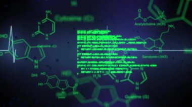 Kimyasal yapılarla bilimsel veri işlemenin animasyonu. Küresel bilim, dijital arayüz ve veri işleme kavramı dijital olarak oluşturulmuş video.