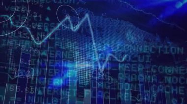 Dünya haritasında finansal veri işleme animasyonu. Küresel hesaplama, iş, finans ve veri işleme kavramı dijital olarak oluşturulmuş video.