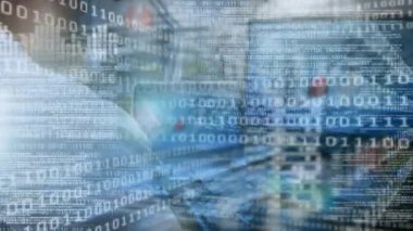 Afro-Amerikan erkek bilim adamı üzerinde veri işleme animasyonu. Küresel bilim, bilgisayar ve dijital arayüz kavramı dijital olarak oluşturulmuş video.