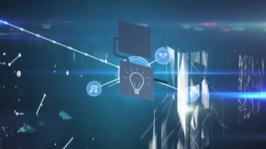 Soyut arkaplan üzerindeki çizgilerle bağlantılı simgelerin ve simgelerin akış grafiklerinin canlandırılması. Dijital olarak üretilmiş, hologram, illüstrasyon, aydınlanma, fikirler, iletişim ve teknoloji.