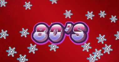 Kırmızı arka planda 80d ve kar tanelerinin animasyonu. Parti, retro, disko ve nostalji konsepti dijital olarak oluşturuldu.