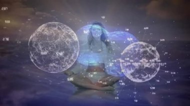 Kafkas kadınlarına karşı dönen kürelerin animasyonu denize karşı yoga yapıyor. Küresel ağ ve iş teknolojisi kavramı