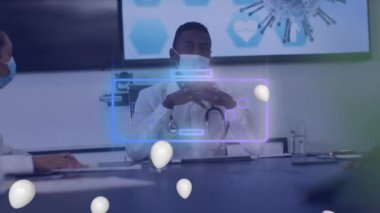 Yüzü maskeli Afrikalı Amerikalı doktor üzerinde uçan balonların canlandırılması. Covid 19 pandemik konsept sırasında dijital olarak üretilen sağlık ve iş.